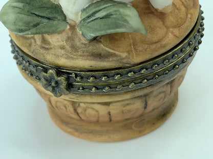Rare 1970's Ceramic Blue Bird Lily brown brass metalwork trinket box 3" A322