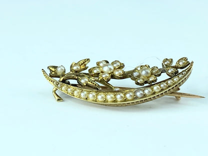 Early 20th Century 15K Split Pearl Floral crescent brooch 5.7g 1 1/2" JR9995