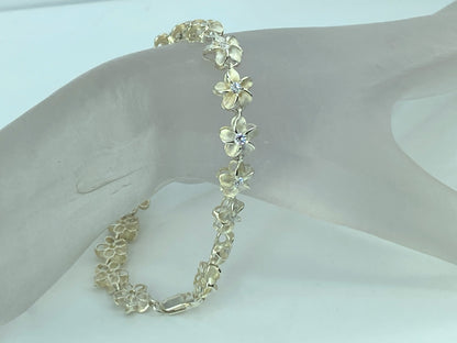 Hawaiian Sterling Silver Crystal Plumeria Flower link bracelet 7.25“ 9.6g JR697