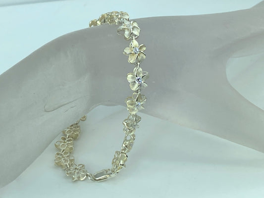 Hawaiian Sterling Silver Crystal Plumeria Flower link bracelet 7.25“ 9.6g JR697