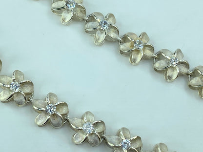 Hawaiian Sterling Silver Crystal Plumeria Flower link bracelet 7.25“ 9.6g JR697