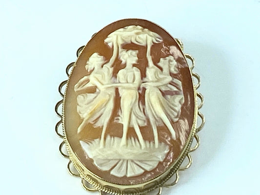 Birmingham 1968s 9ct "Three Graces" Cameo shell Hand Carved Brooch 1.75" JR9997