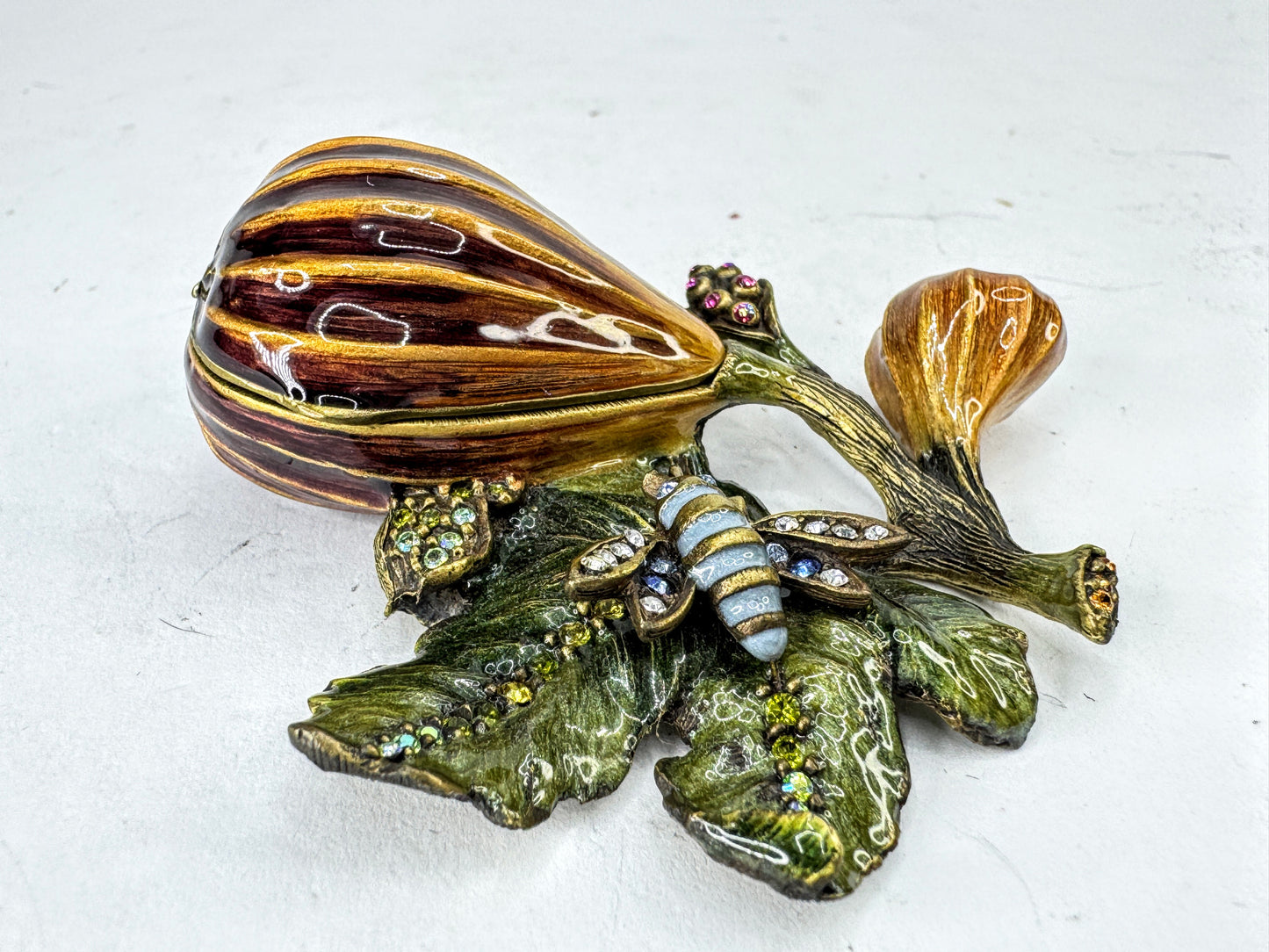 Vintage Jay Strongwater Fig Bee Jeweled Enamel Trinket Box w Bee SS387