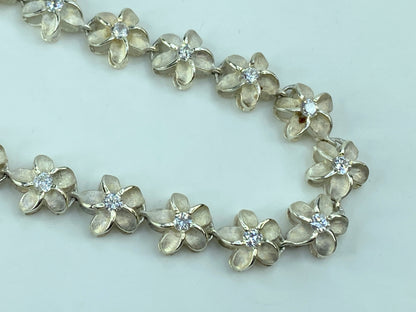 Hawaiian Sterling Silver Crystal Plumeria Flower link bracelet 7.25“ 9.6g JR697