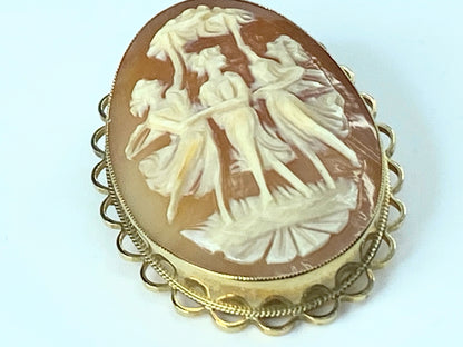 Birmingham 1968s 9ct "Three Graces" Cameo shell Hand Carved Brooch 1.75" JR9997