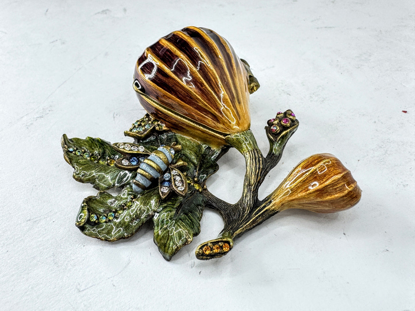 Vintage Jay Strongwater Fig Bee Jeweled Enamel Trinket Box w Bee SS387
