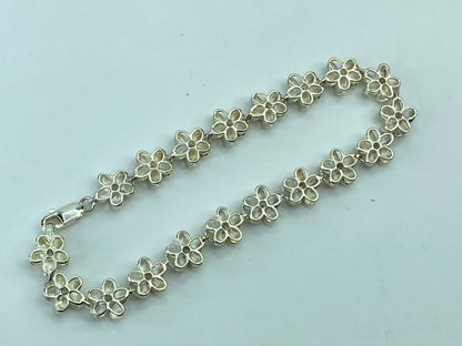 Hawaiian Sterling Silver Crystal Plumeria Flower link bracelet 7.25“ 9.6g JR697