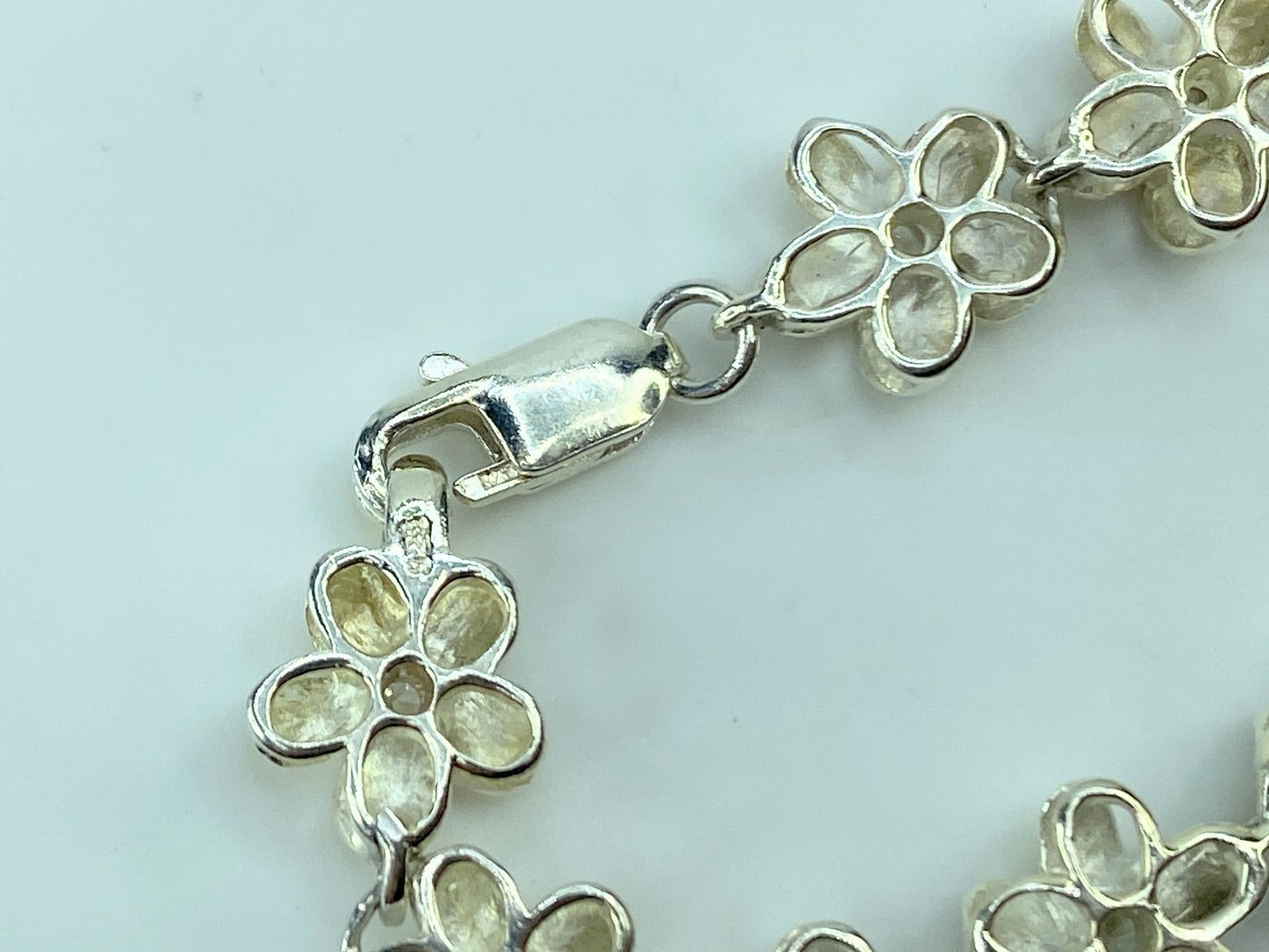 Hawaiian Sterling Silver Crystal Plumeria Flower link bracelet 7.25“ 9.6g JR697