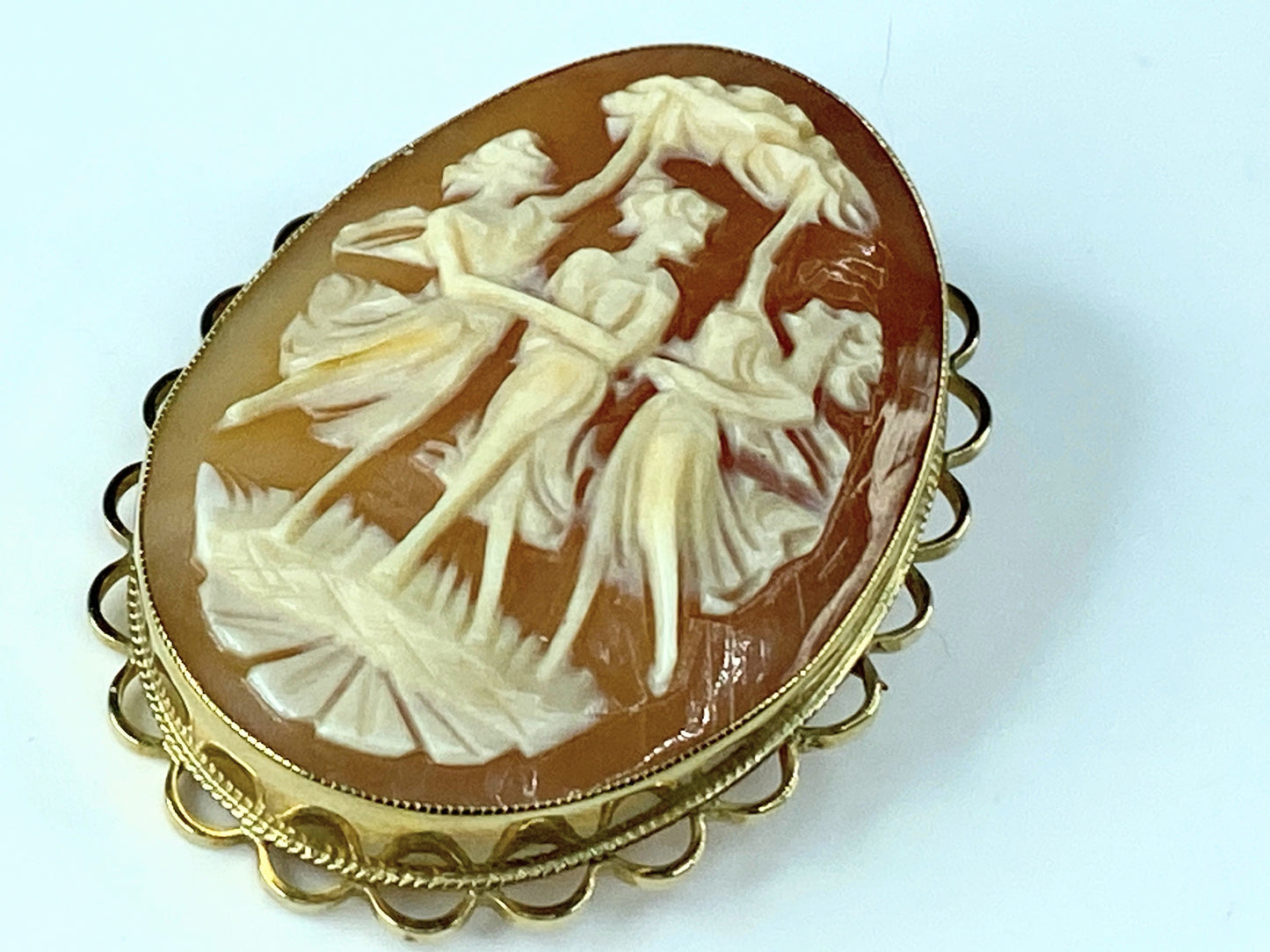 Birmingham 1968s 9ct "Three Graces" Cameo shell Hand Carved Brooch 1.75" JR9997