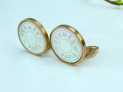 Vintage Hermes Clou de Selle Mother of Pearl Clip-on Earrings in box GS664