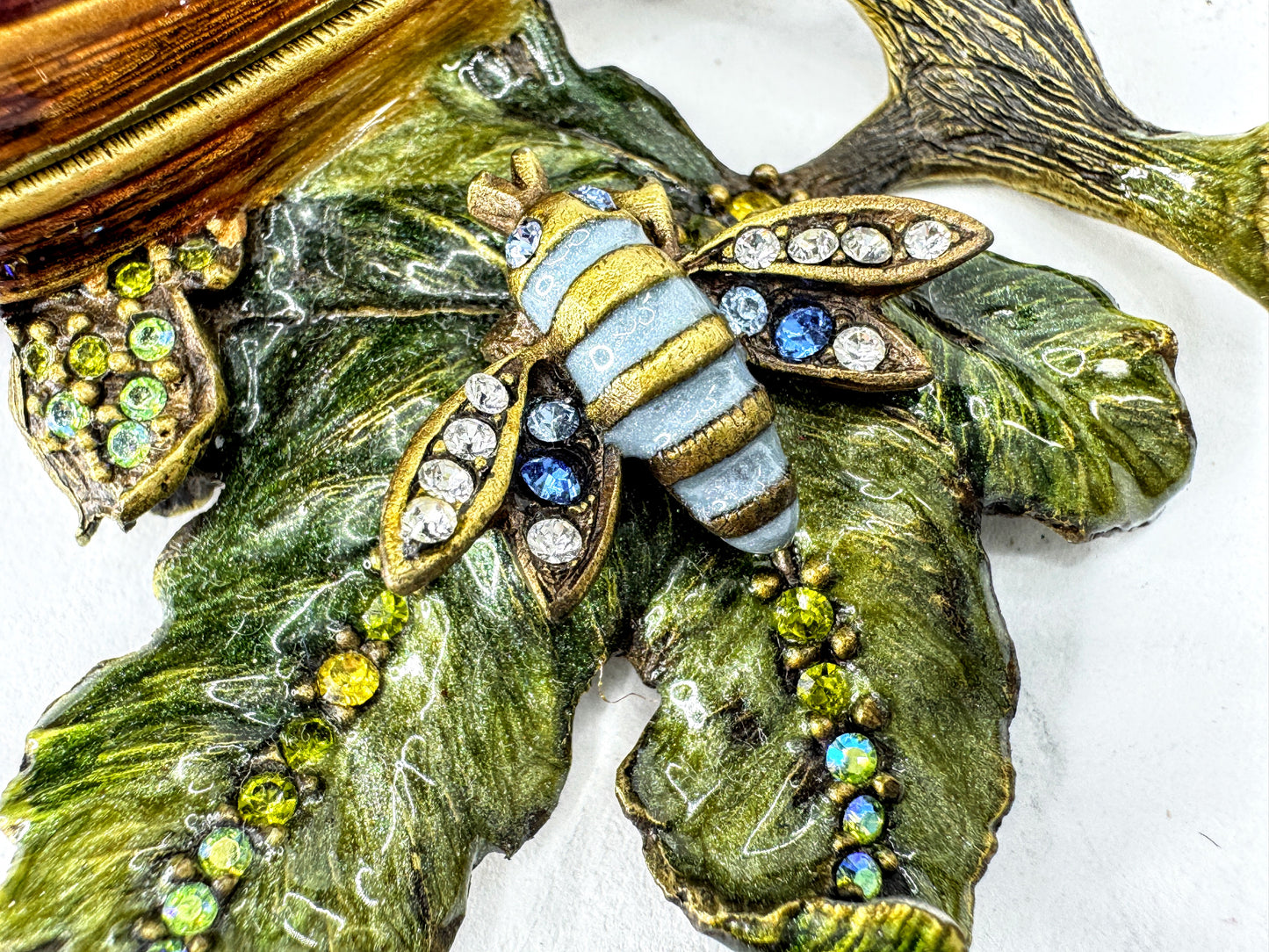 Vintage Jay Strongwater Fig Bee Jeweled Enamel Trinket Box w Bee SS387