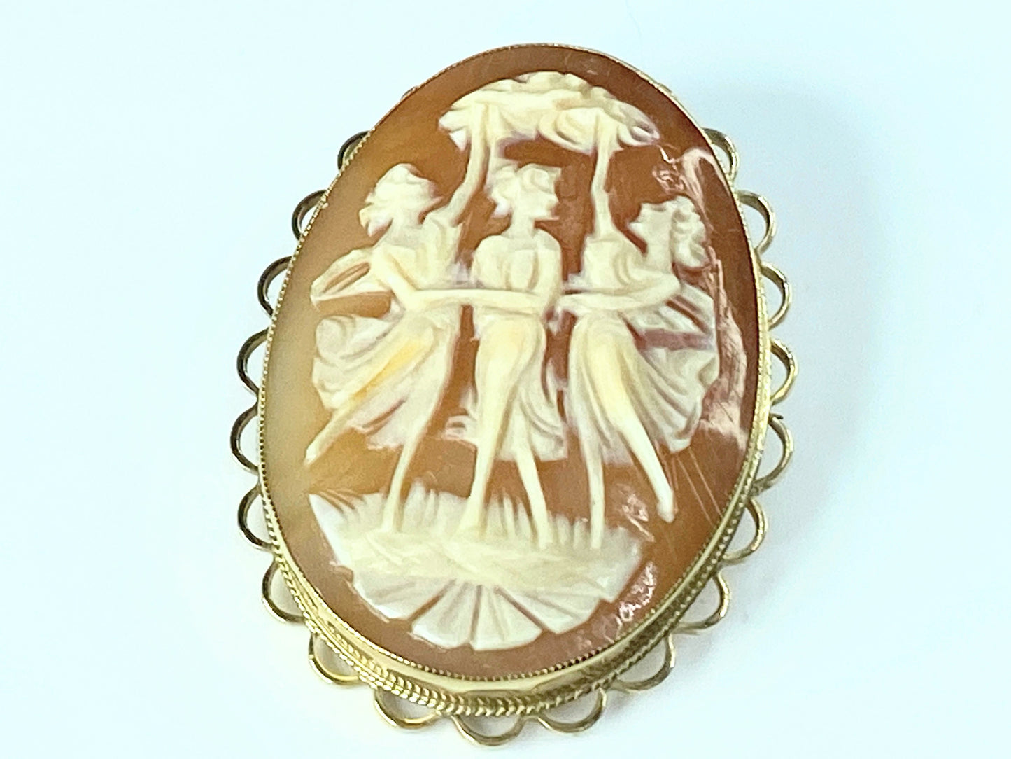 Birmingham 1968s 9ct "Three Graces" Cameo shell Hand Carved Brooch 1.75" JR9997