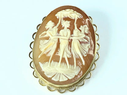 Birmingham 1968s 9ct "Three Graces" Cameo shell Hand Carved Brooch 1.75" JR9997