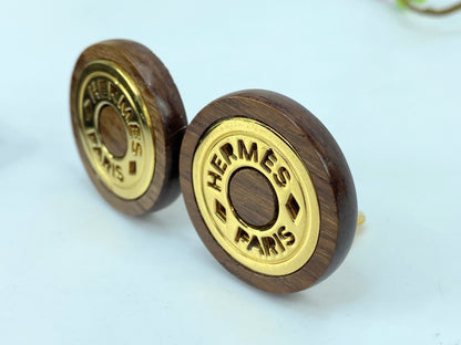 Vintage Hermès Clou de Selle Wood Golden Hardware clip on earrings GS666