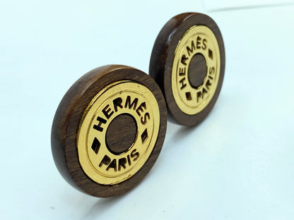 Vintage Hermès Clou de Selle Wood Golden Hardware clip on earrings GS666