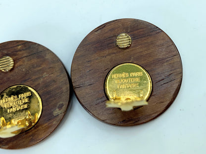 Vintage Hermès Clou de Selle Wood Golden Hardware clip on earrings GS666