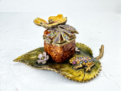 Vintage Jay Strongwater Frog Leaf Flower Jeweled Enameled Keepsake Box SS386