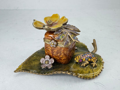Vintage Jay Strongwater Frog Leaf Flower Jeweled Enameled Keepsake Box SS386