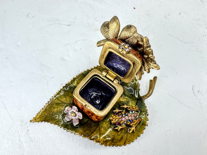 Vintage Jay Strongwater Frog Leaf Flower Jeweled Enameled Keepsake Box SS386
