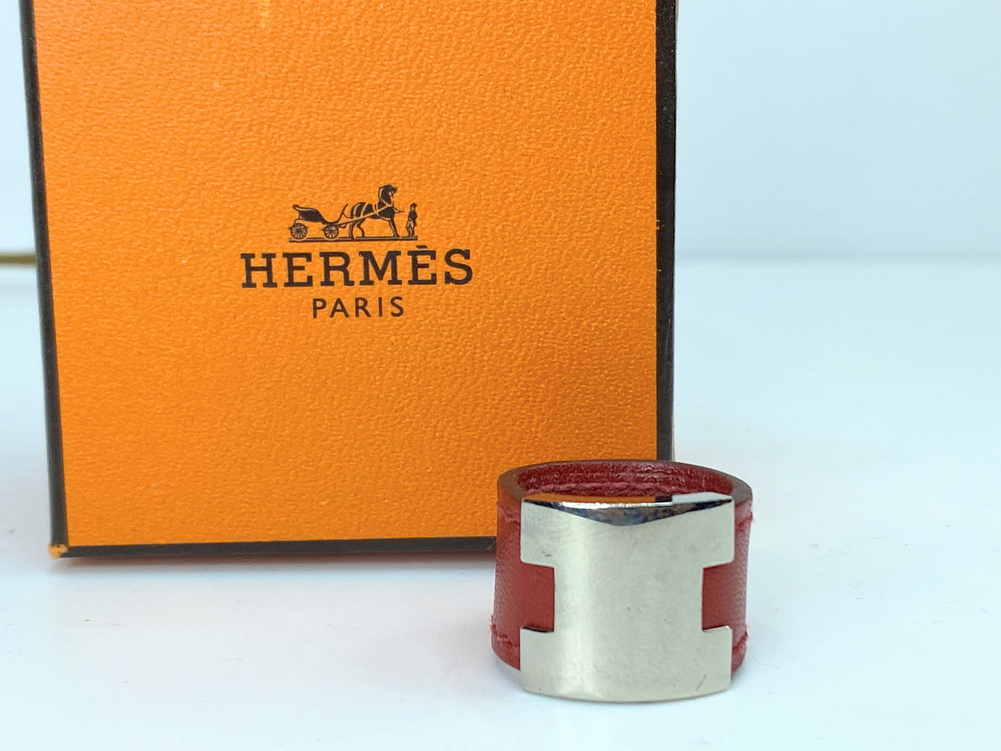 Vintage Hermes Silver metal Calfskin Leather ring size 50 with box GS669