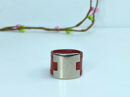 Vintage Hermes Silver metal Calfskin Leather ring size 50 with box GS669