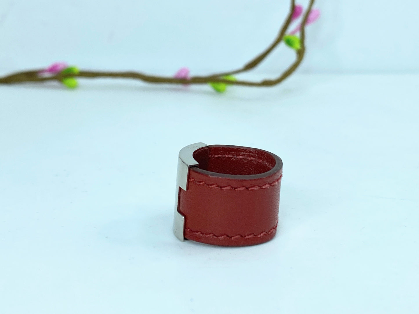 Vintage Hermes Silver metal Calfskin Leather ring size 50 with box GS669