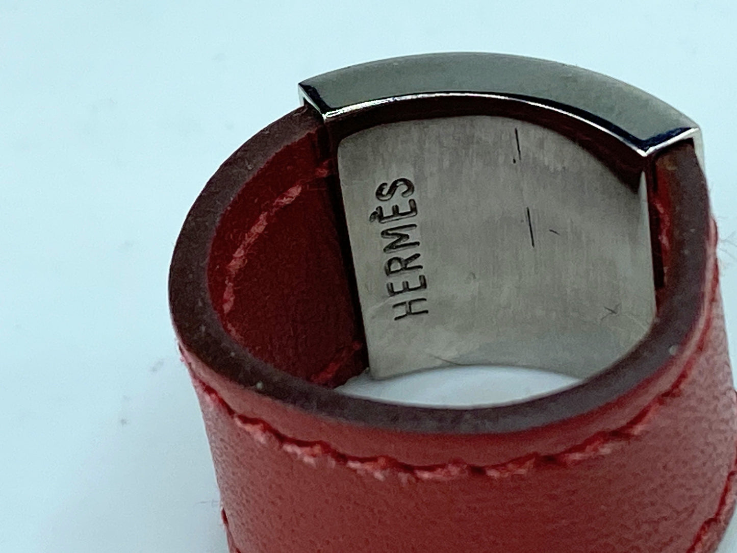 Vintage Hermes Silver metal Calfskin Leather ring size 50 with box GS669