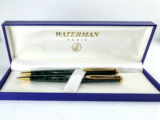 Vintage Waterman Hemisphere Green Marble Lacquer Pen and Pencil Set SS392