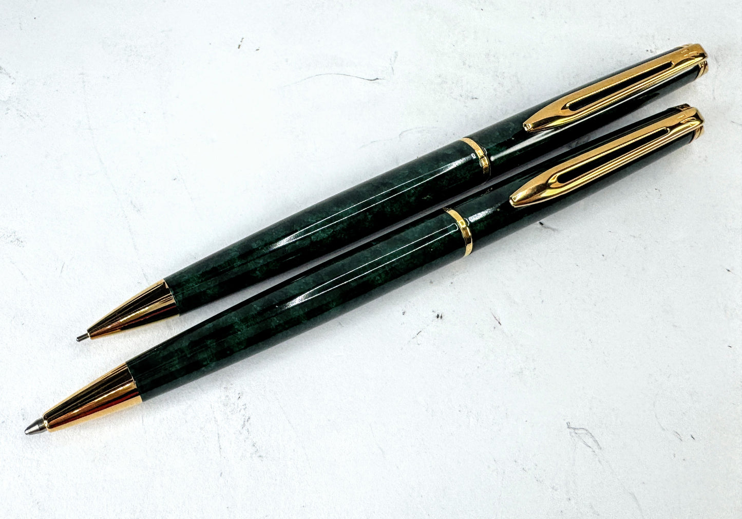 Vintage Waterman Hemisphere Green Marble Lacquer Pen and Pencil Set SS392