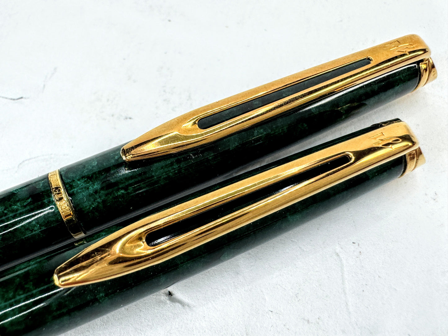 Vintage Waterman Hemisphere Green Marble Lacquer Pen and Pencil Set SS392