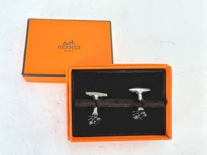Vintage Hermès Noir Leather Pom-Pom Pompon Knot Cufflinks with Box SS393