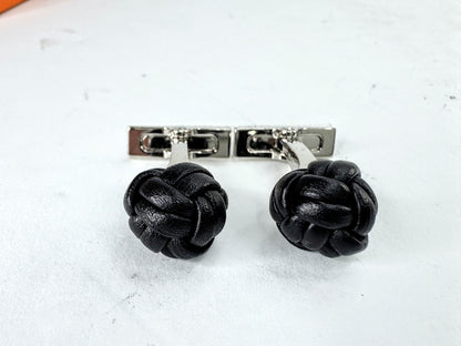 Vintage Hermès Noir Leather Pom-Pom Pompon Knot Cufflinks with Box SS393