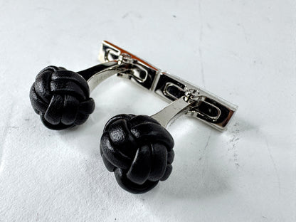 Vintage Hermès Noir Leather Pom-Pom Pompon Knot Cufflinks with Box SS393