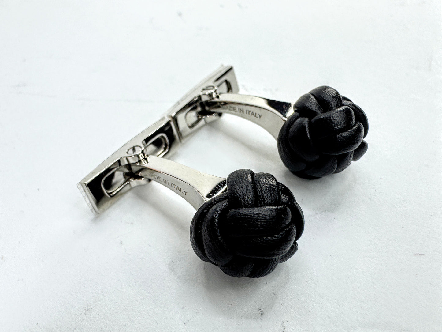 Vintage Hermès Noir Leather Pom-Pom Pompon Knot Cufflinks with Box SS393