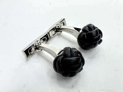 Vintage Hermès Noir Leather Pom-Pom Pompon Knot Cufflinks with Box SS393