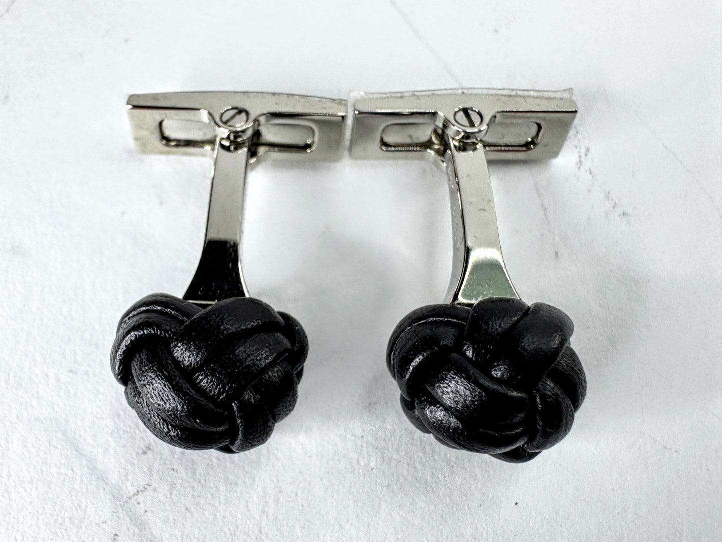 Vintage Hermès Noir Leather Pom-Pom Pompon Knot Cufflinks with Box SS393