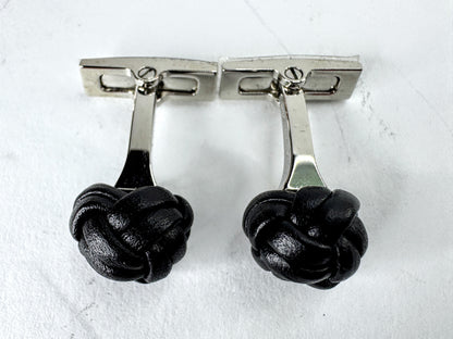 Vintage Hermès Noir Leather Pom-Pom Pompon Knot Cufflinks with Box SS393