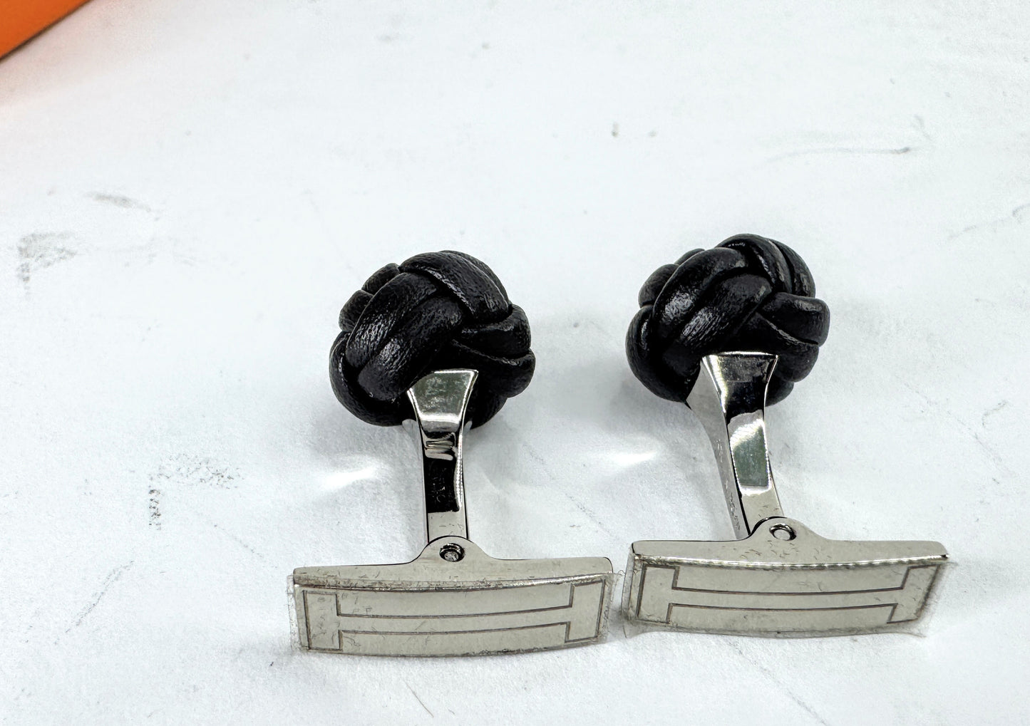 Vintage Hermès Noir Leather Pom-Pom Pompon Knot Cufflinks with Box SS393