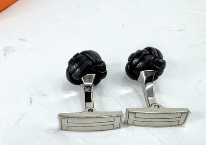 Vintage Hermès Noir Leather Pom-Pom Pompon Knot Cufflinks with Box SS393
