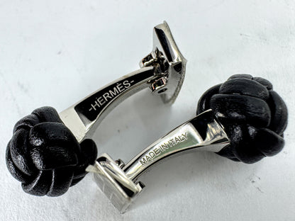 Vintage Hermès Noir Leather Pom-Pom Pompon Knot Cufflinks with Box SS393