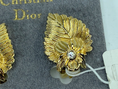 Christian Dior Earrings Leaf Flower Rhinestone Made in Germany new GS671