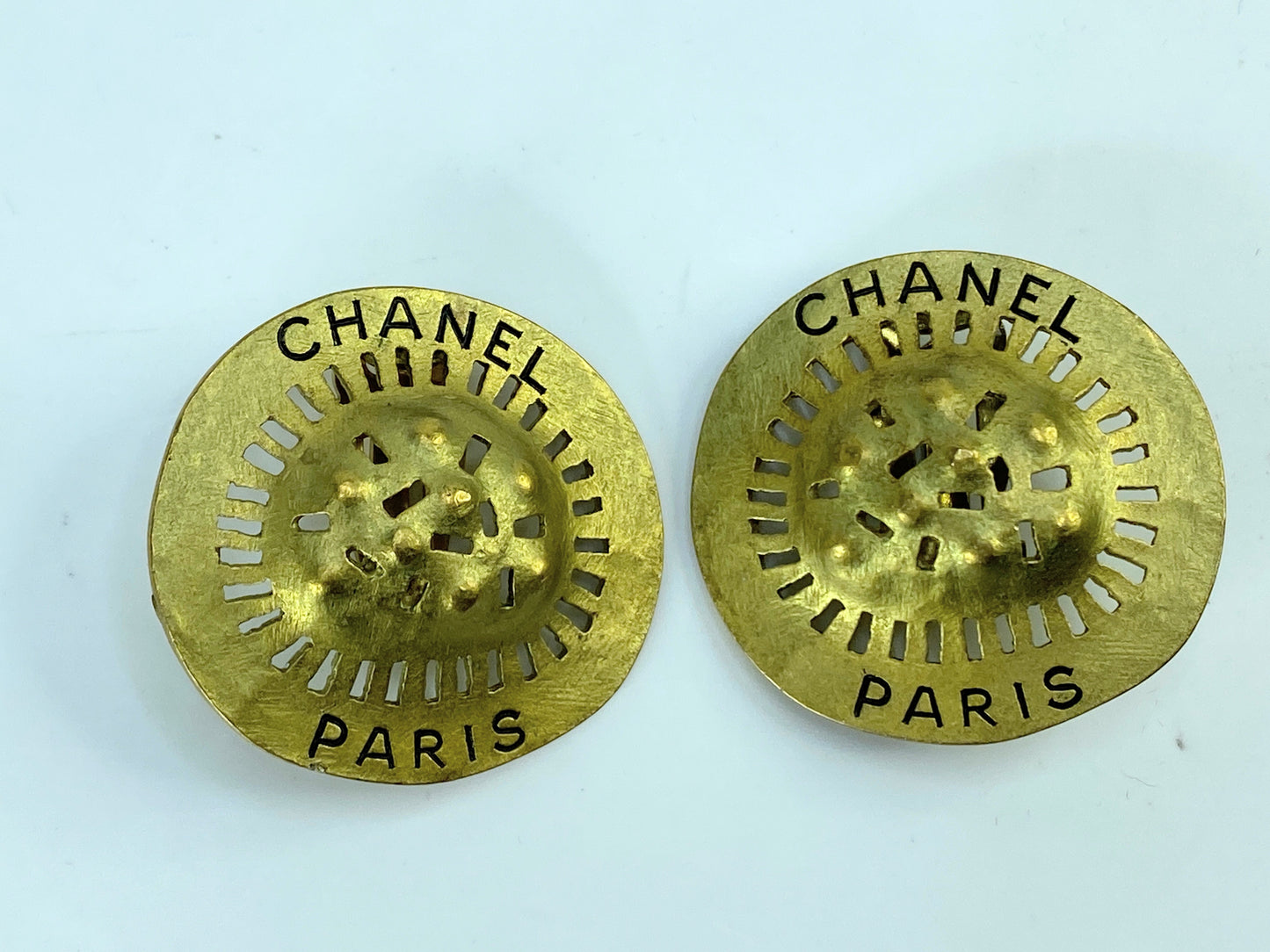 Vintage Chanel Gold Gilded Metal Hammered Cutout Earrings, 1994 GS672