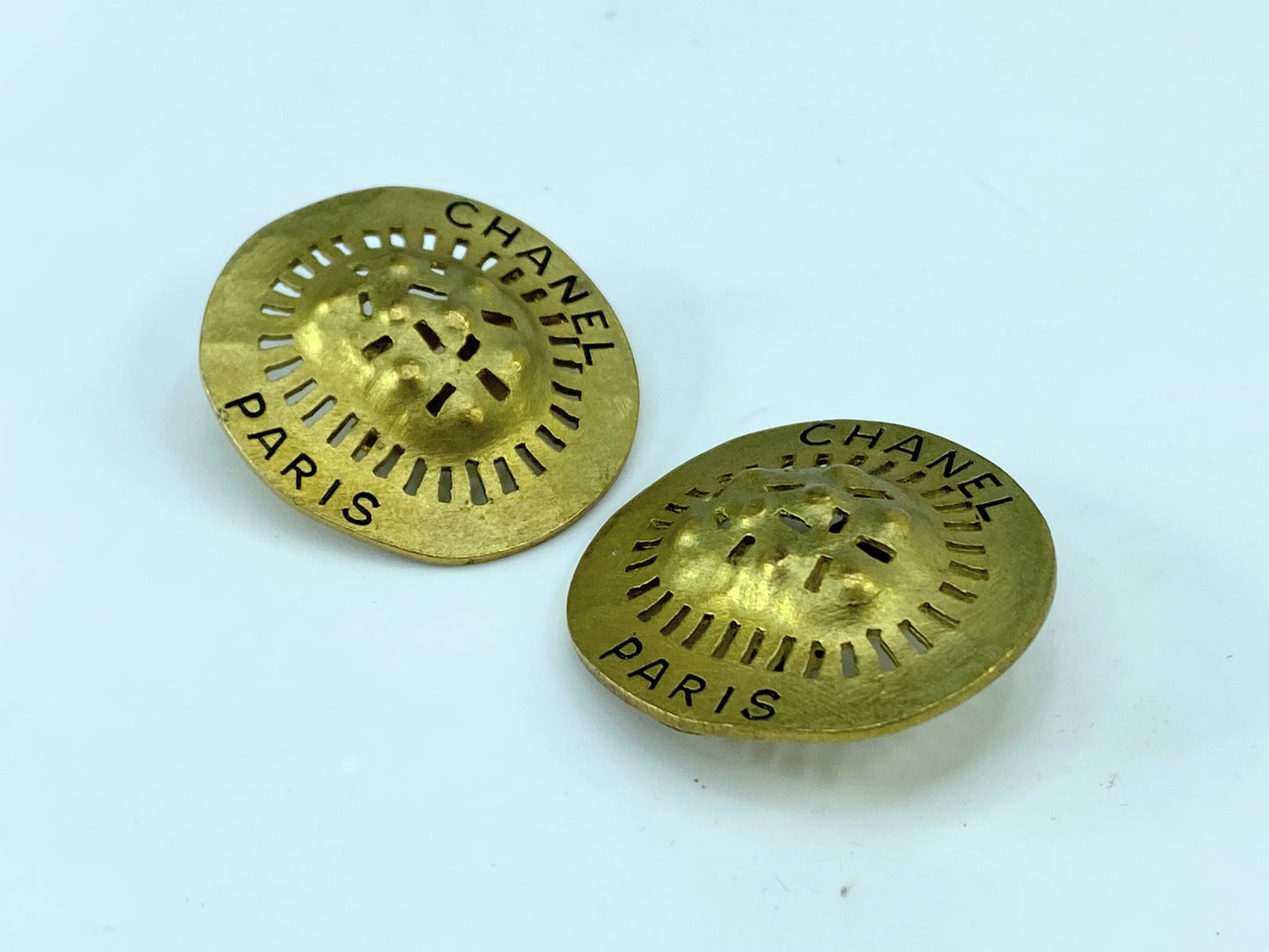 Vintage Chanel Gold Gilded Metal Hammered Cutout Earrings, 1994 GS672