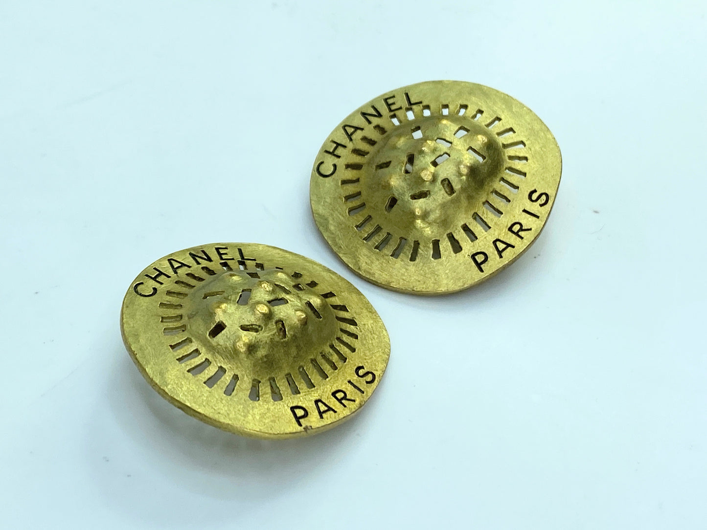 Vintage Chanel Gold Gilded Metal Hammered Cutout Earrings, 1994 GS672