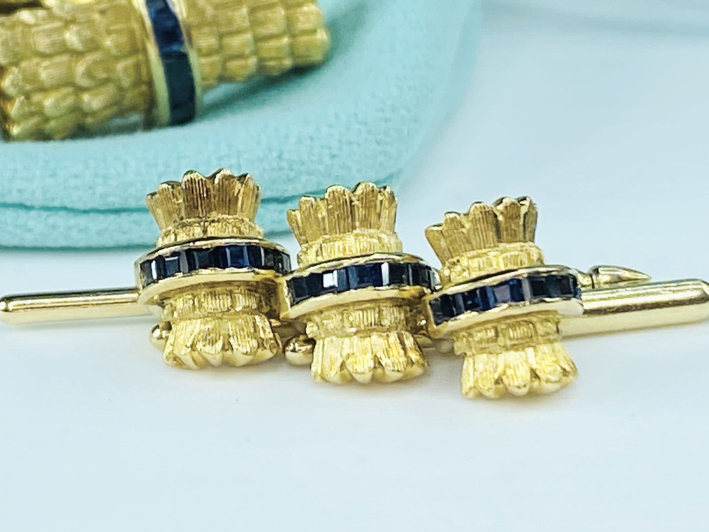 Tiffany & Co. Sapphire Gold Cufflink Stud Tie tag set