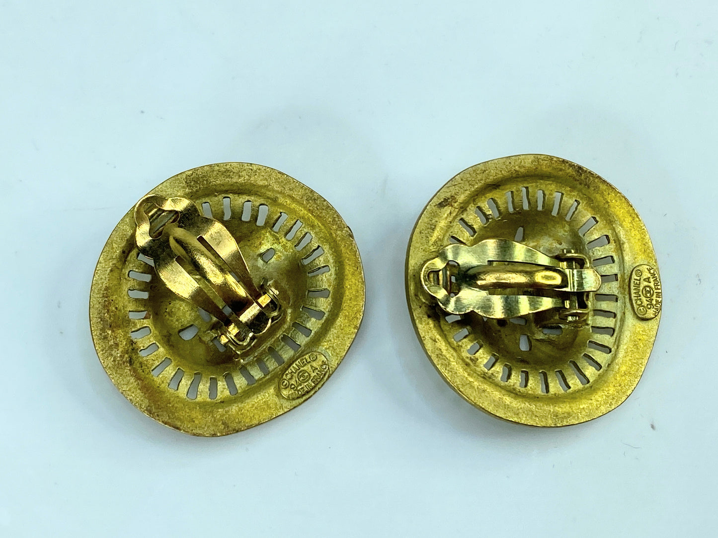 Vintage Chanel Gold Gilded Metal Hammered Cutout Earrings, 1994 GS672