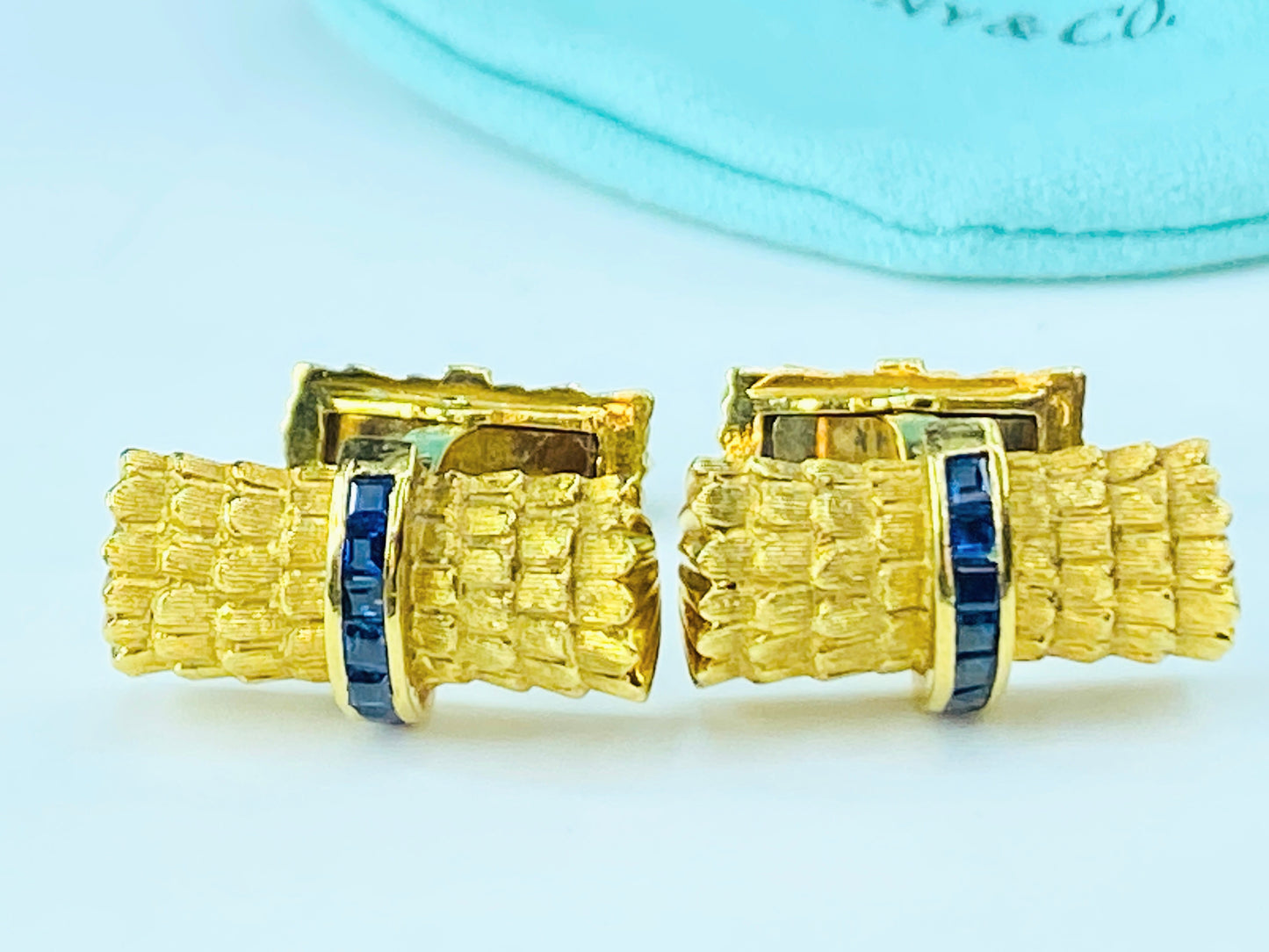 Tiffany & Co. Sapphire Gold Cufflink Stud Tie tag set