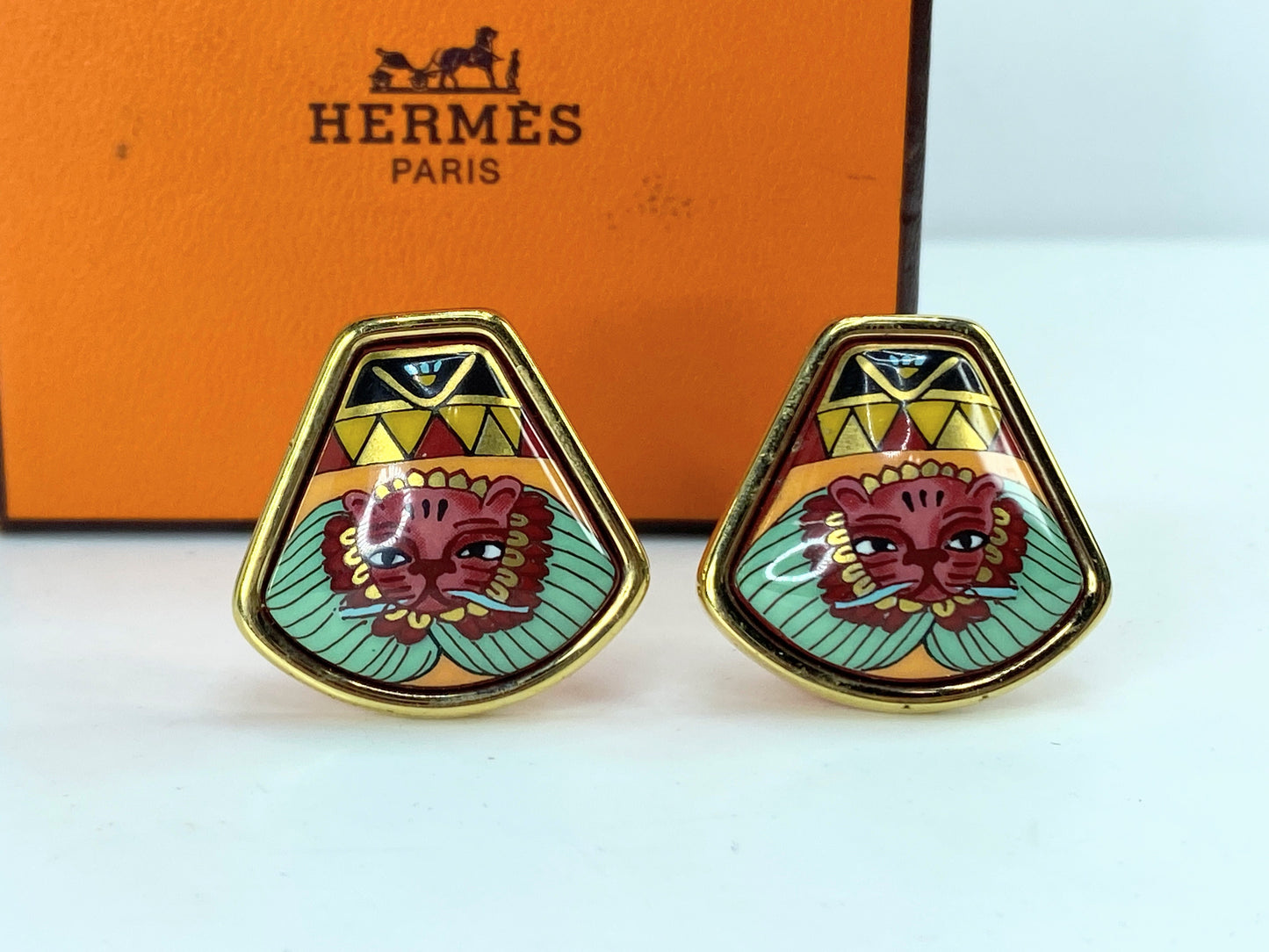 Hermès Hermes Gold and Multi-Color Cloisonné Clip Earrings ...in box GS674