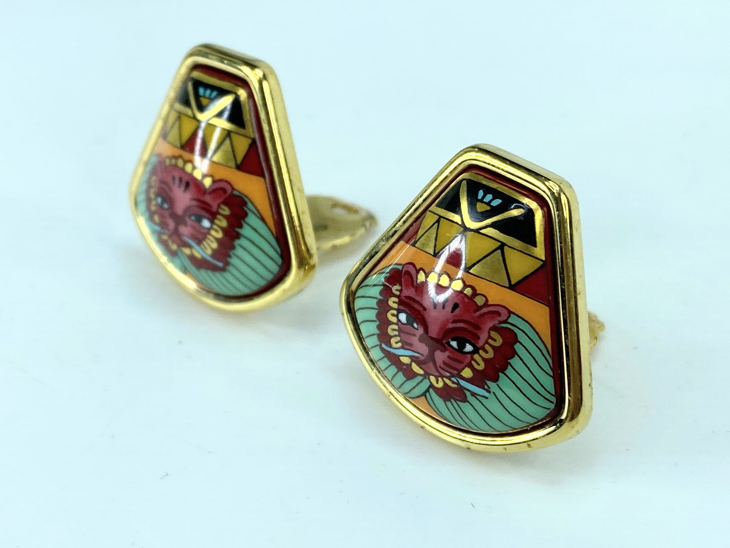 Hermès Hermes Gold and Multi-Color Cloisonné Clip Earrings ...in box GS674