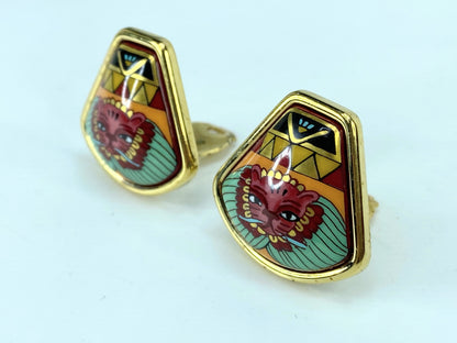 Hermès Hermes Gold and Multi-Color Cloisonné Clip Earrings ...in box GS674
